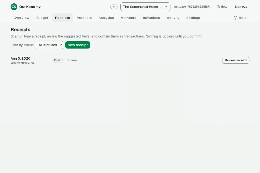 The receipts screen with a scanned receipt in the review step